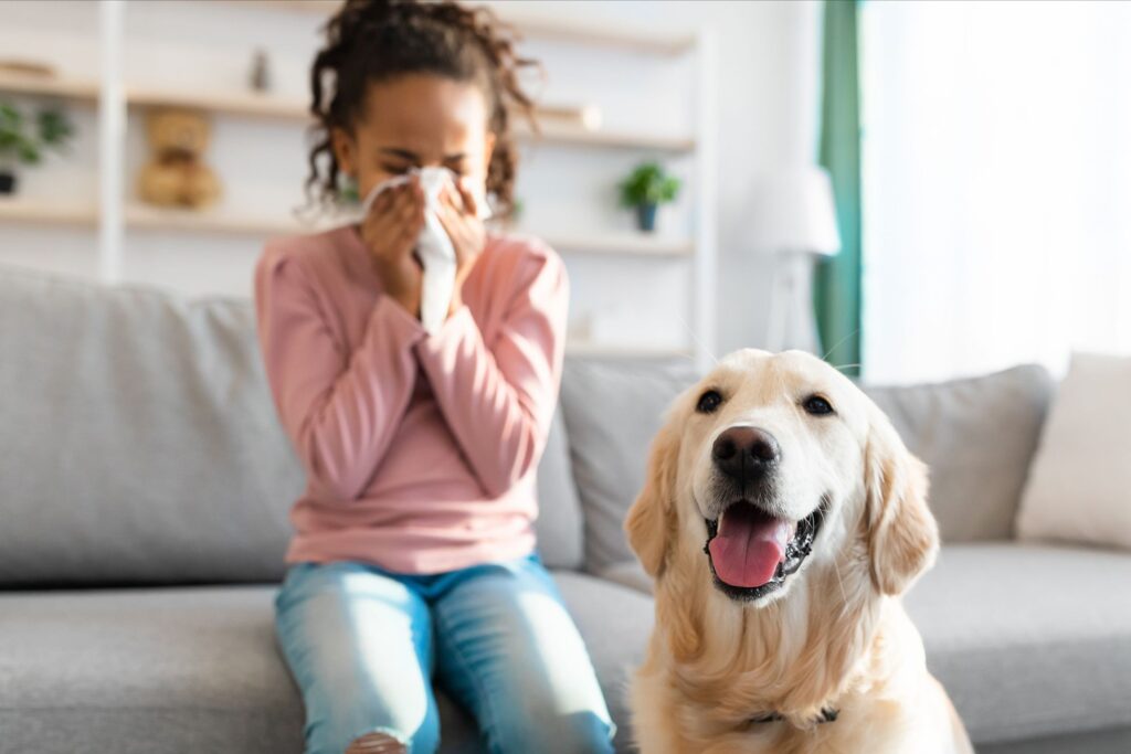 A woman in her house sneezing and the dog smiling