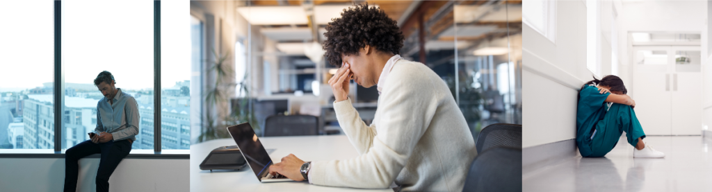 Three people stressed at work, trying to relax